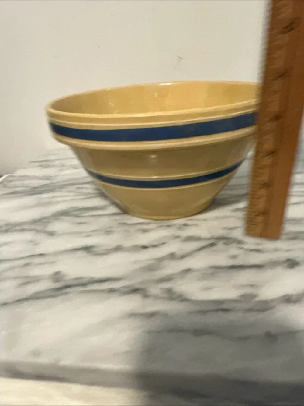Antique Yellow ware Ceramic mixing Bowl  Blue & white Stripes with lid Rare